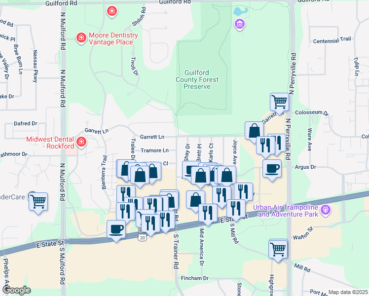 map of restaurants, bars, coffee shops, grocery stores, and more near 362 Shay Drive in Rockford