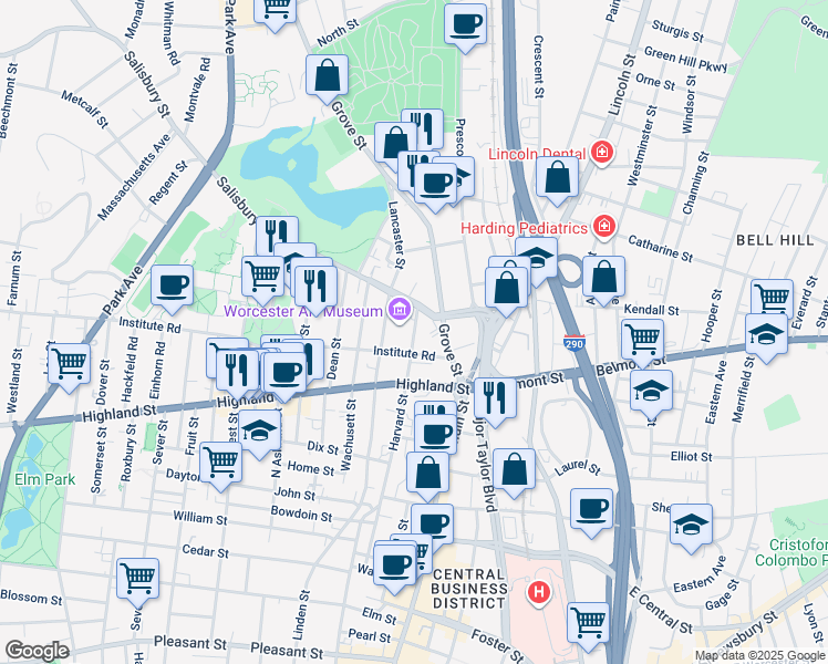 map of restaurants, bars, coffee shops, grocery stores, and more near Tuckerman Street in Worcester