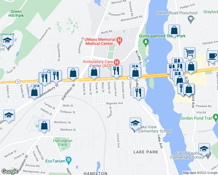 map of restaurants, bars, coffee shops, grocery stores, and more near 24 Dustin Street in Worcester