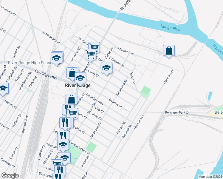 map of restaurants, bars, coffee shops, grocery stores, and more near 71 East Henry Street in River Rouge