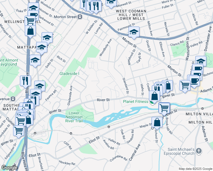 map of restaurants, bars, coffee shops, grocery stores, and more near 249 River Street in Boston