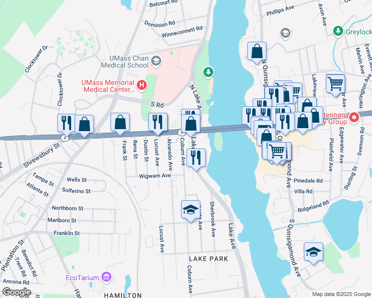 map of restaurants, bars, coffee shops, grocery stores, and more near 21 Coburn Avenue in Worcester