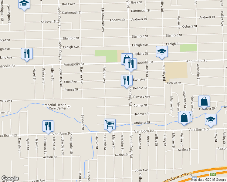 map of restaurants, bars, coffee shops, grocery stores, and more near 25963 Pennie Street in Dearborn Heights