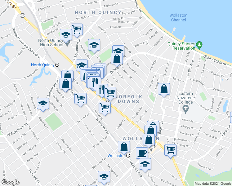 map of restaurants, bars, coffee shops, grocery stores, and more near 55 Lunt Street in Quincy