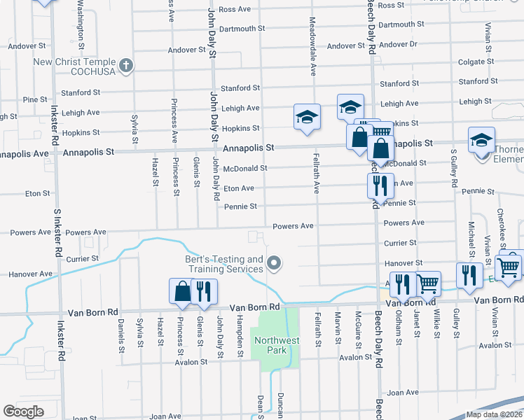 map of restaurants, bars, coffee shops, grocery stores, and more near 26309 Pennie Street in Dearborn Heights