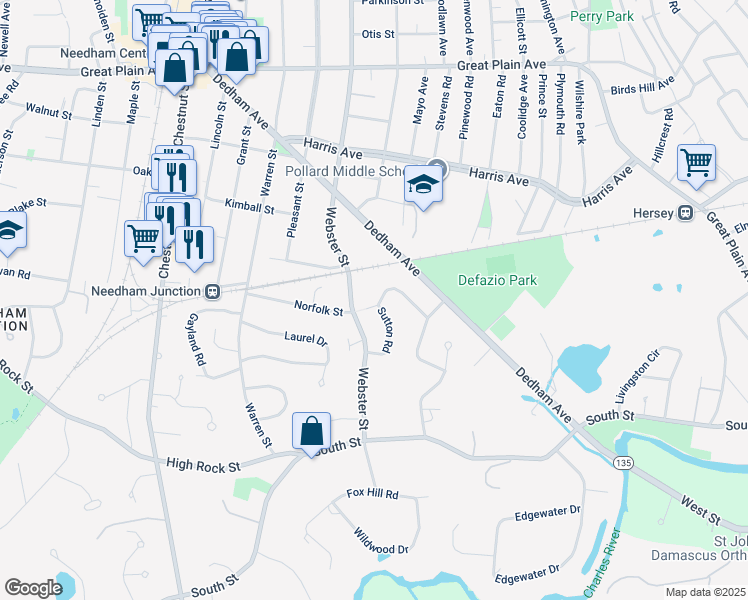 map of restaurants, bars, coffee shops, grocery stores, and more near 68 Sutton Road in Needham