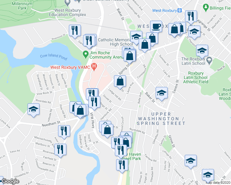map of restaurants, bars, coffee shops, grocery stores, and more near 18 Ledge Hill Road in Boston