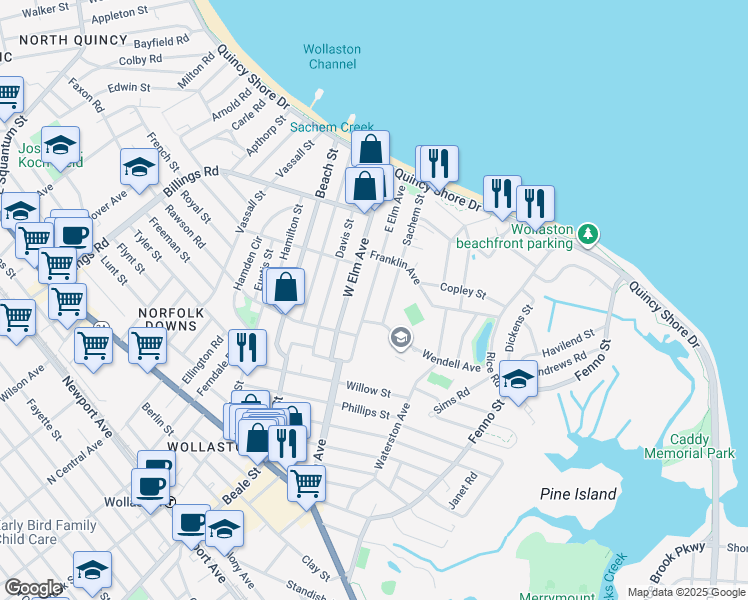 map of restaurants, bars, coffee shops, grocery stores, and more near 63 East Elm Avenue in Quincy