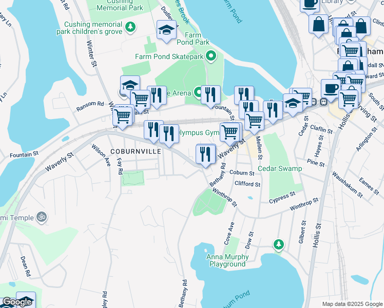 map of restaurants, bars, coffee shops, grocery stores, and more near 11 Rhubena Street in Framingham