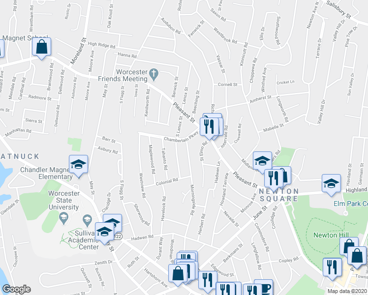 map of restaurants, bars, coffee shops, grocery stores, and more near 8 Morningside Road in Worcester