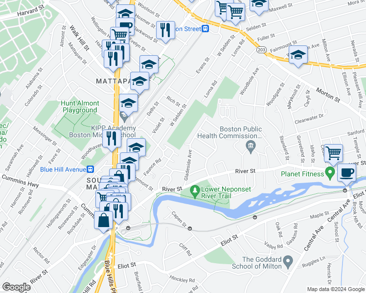 map of restaurants, bars, coffee shops, grocery stores, and more near 8 Gladeside Terrace in Boston