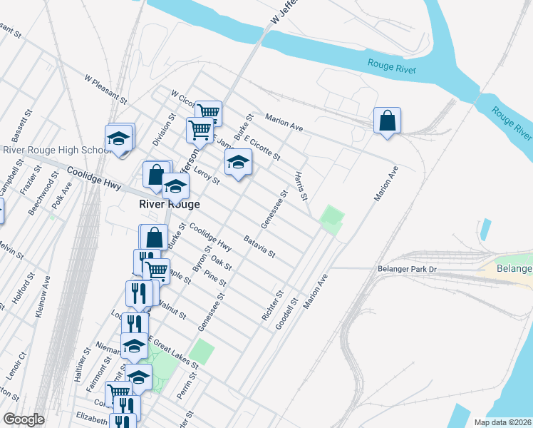 map of restaurants, bars, coffee shops, grocery stores, and more near 96 Leroy Street in River Rouge