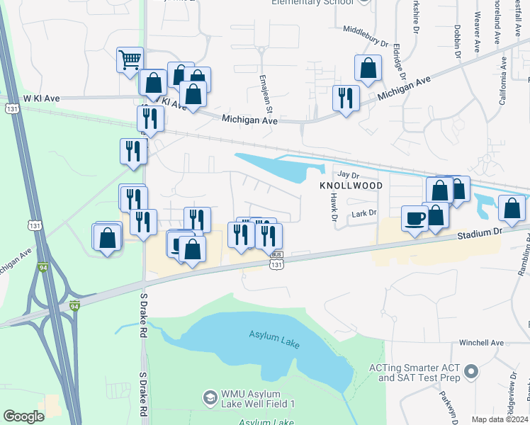 map of restaurants, bars, coffee shops, grocery stores, and more near 4103 Nancy Lane in Kalamazoo