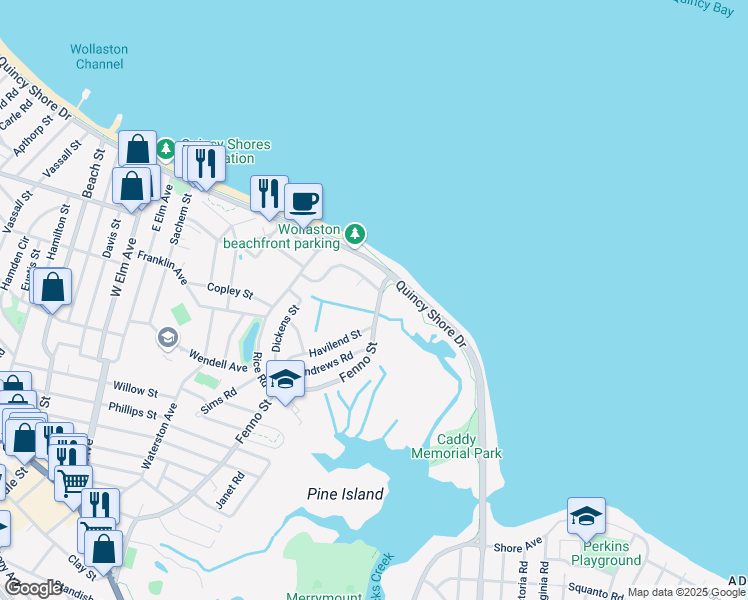 map of restaurants, bars, coffee shops, grocery stores, and more near 386 Fenno Street in Quincy