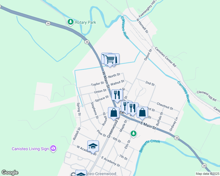 map of restaurants, bars, coffee shops, grocery stores, and more near 36 W Main St in Canisteo