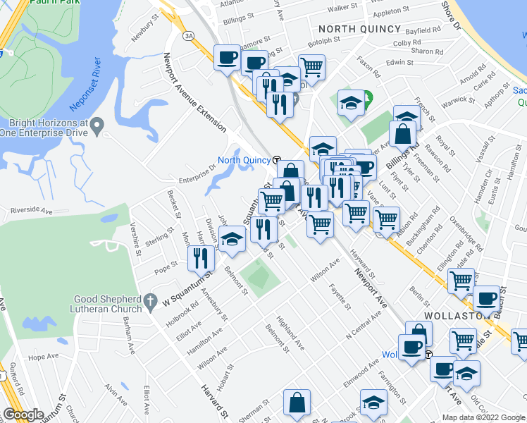 map of restaurants, bars, coffee shops, grocery stores, and more near in Quincy