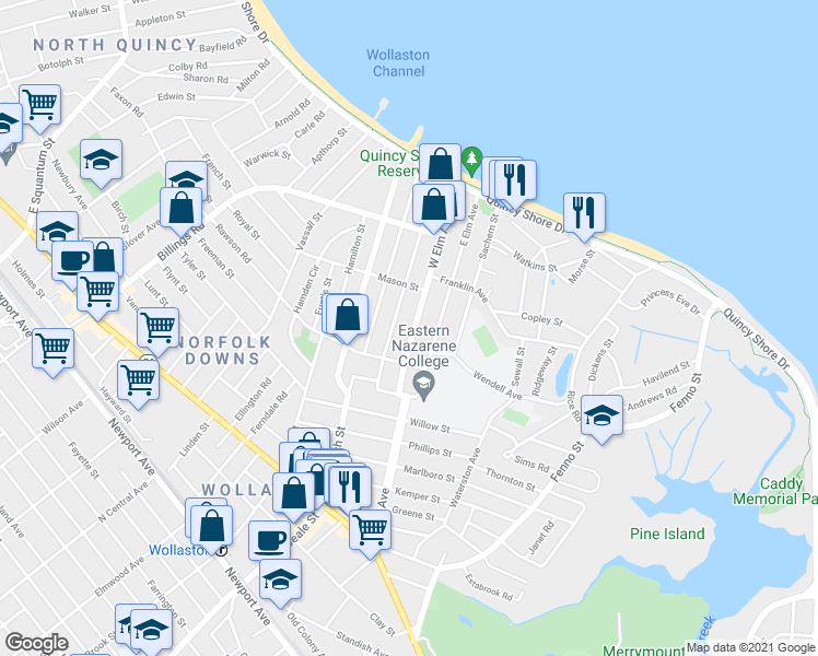 map of restaurants, bars, coffee shops, grocery stores, and more near 56 West Elm Avenue in Quincy