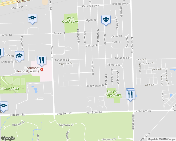 map of restaurants, bars, coffee shops, grocery stores, and more near 4851 Mildred Street in Wayne