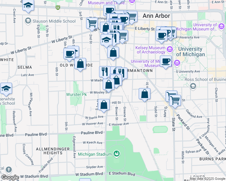 map of restaurants, bars, coffee shops, grocery stores, and more near 111 East Mosley Street in Ann Arbor