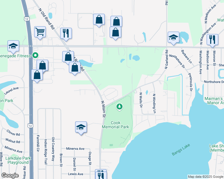 map of restaurants, bars, coffee shops, grocery stores, and more near 159 Parkview Drive in Wauconda