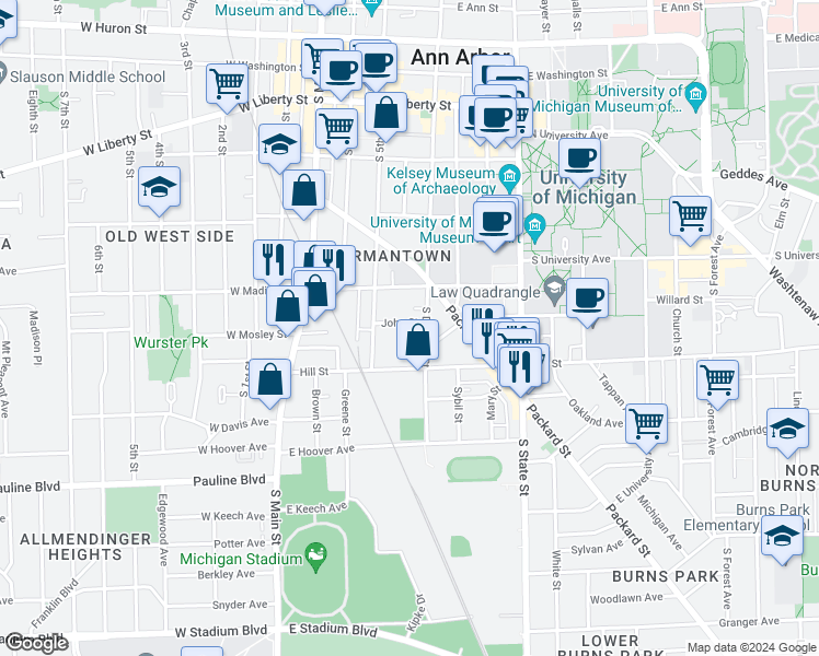 map of restaurants, bars, coffee shops, grocery stores, and more near 332 John Street in Ann Arbor