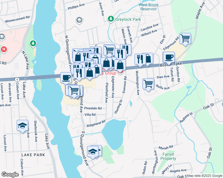map of restaurants, bars, coffee shops, grocery stores, and more near 30 Edgewater Avenue in Shrewsbury