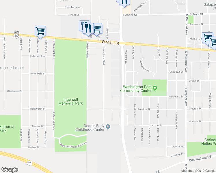 map of restaurants, bars, coffee shops, grocery stores, and more near 402 Lincoln Park Boulevard in Rockford