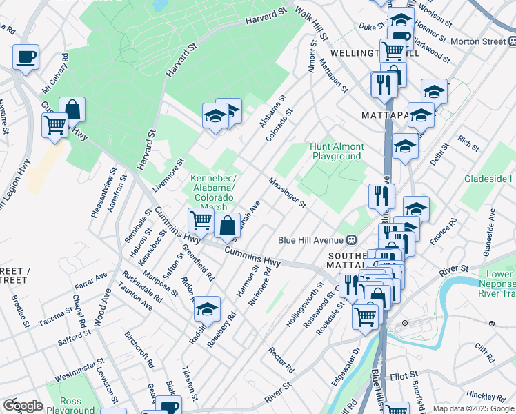 map of restaurants, bars, coffee shops, grocery stores, and more near 174 Savannah Avenue in Boston