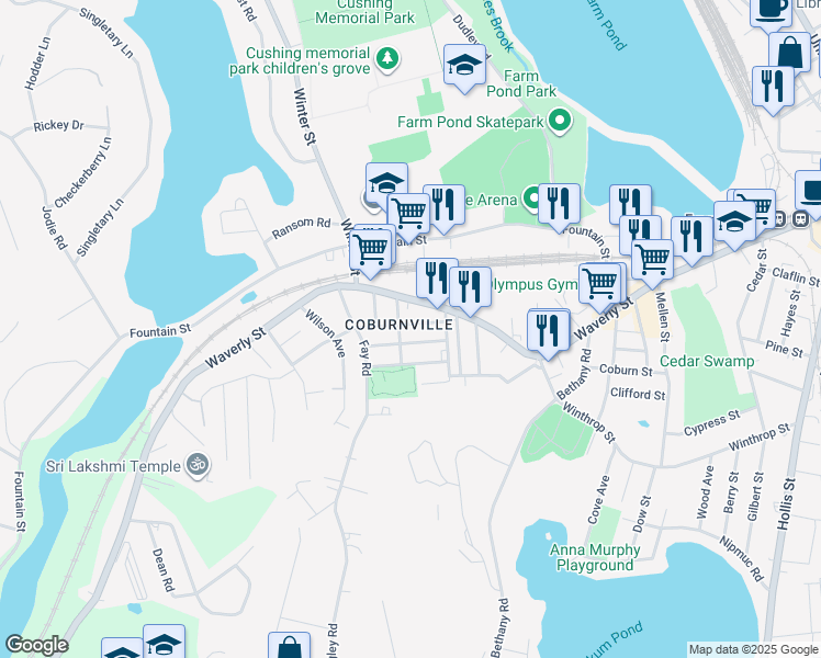 map of restaurants, bars, coffee shops, grocery stores, and more near 24 Benson Avenue in Framingham