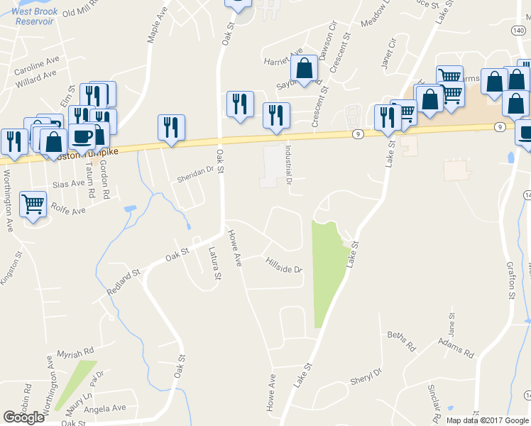 map of restaurants, bars, coffee shops, grocery stores, and more near 68 Beverly Hill Drive in Shrewsbury