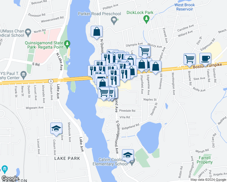 map of restaurants, bars, coffee shops, grocery stores, and more near 105 Shrewsbury Green Drive in Shrewsbury