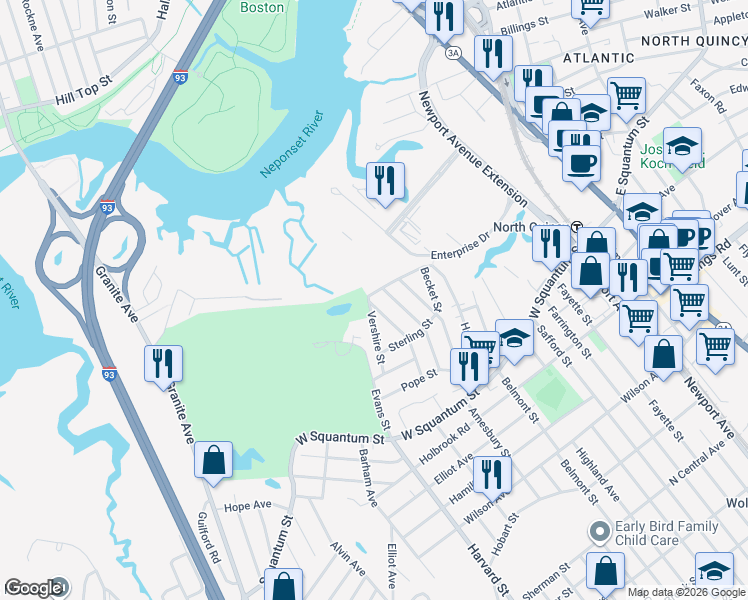 map of restaurants, bars, coffee shops, grocery stores, and more near 6 Ardell Street in Quincy