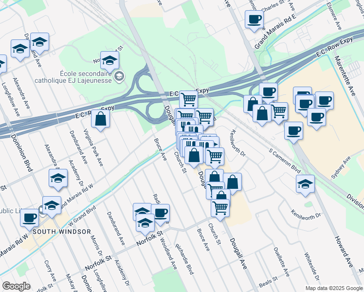 map of restaurants, bars, coffee shops, grocery stores, and more near 3001 British Columbia 3B in Windsor