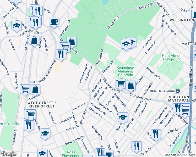 map of restaurants, bars, coffee shops, grocery stores, and more near 16 Tampa Street in Boston
