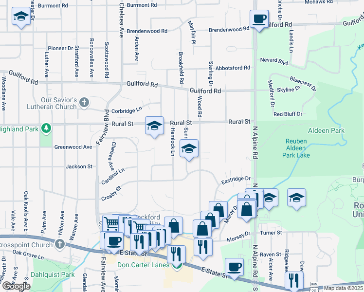 map of restaurants, bars, coffee shops, grocery stores, and more near 516 Sunrise Lane in Rockford