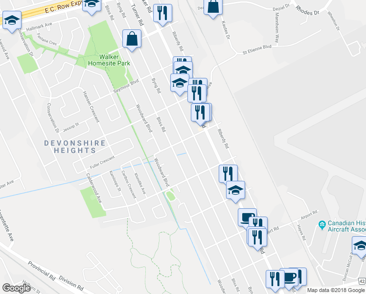 map of restaurants, bars, coffee shops, grocery stores, and more near 3509 Byng Road in Windsor