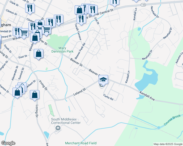 map of restaurants, bars, coffee shops, grocery stores, and more near 253 Beaver Street in Framingham