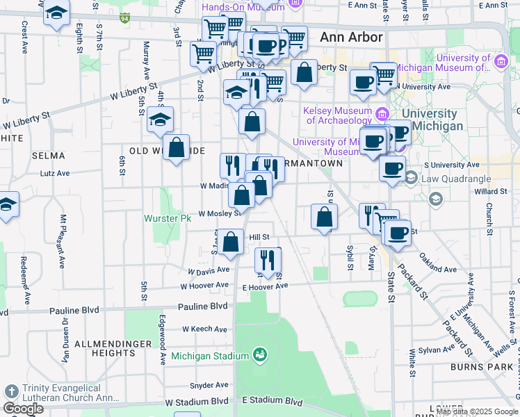 map of restaurants, bars, coffee shops, grocery stores, and more near 637 South Main Street in Ann Arbor