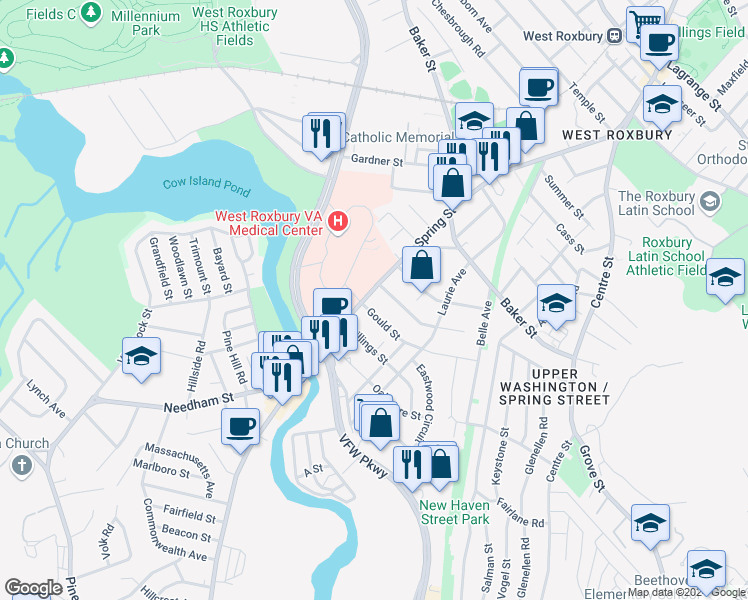 map of restaurants, bars, coffee shops, grocery stores, and more near 270 Spring Street in Boston