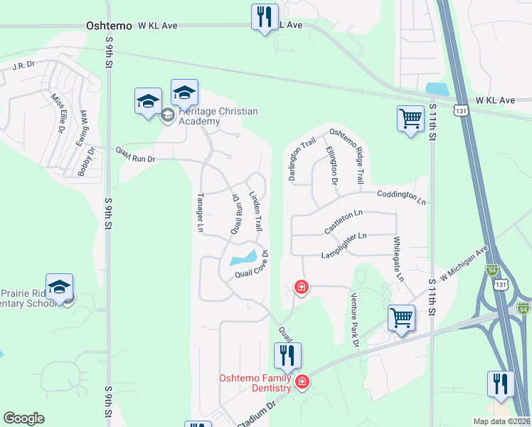 map of restaurants, bars, coffee shops, grocery stores, and more near 1691 Linden Trail in Kalamazoo