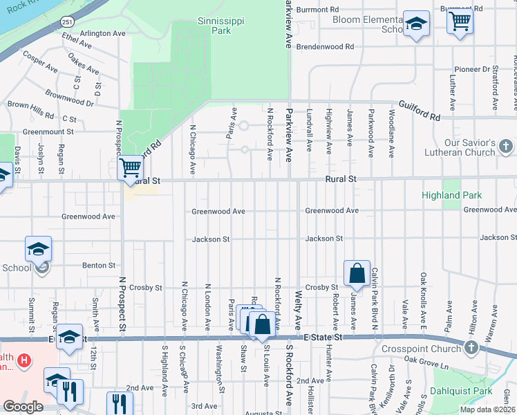 map of restaurants, bars, coffee shops, grocery stores, and more near 601 Rome Avenue in Rockford