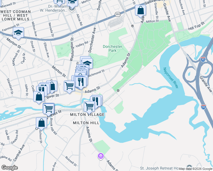 map of restaurants, bars, coffee shops, grocery stores, and more near 1134 Adams Street in Boston