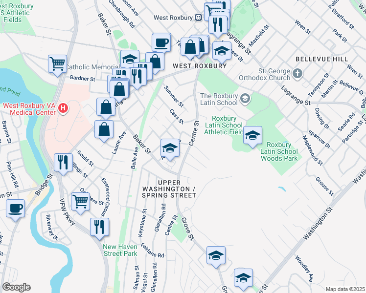 map of restaurants, bars, coffee shops, grocery stores, and more near 10 Bronx Road in Boston