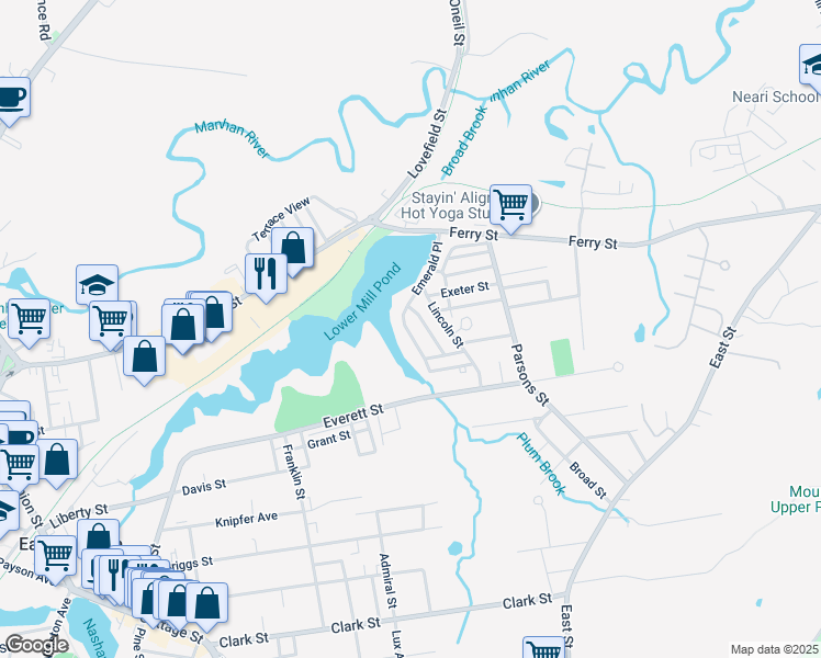 map of restaurants, bars, coffee shops, grocery stores, and more near 38 Emerald Place in Easthampton