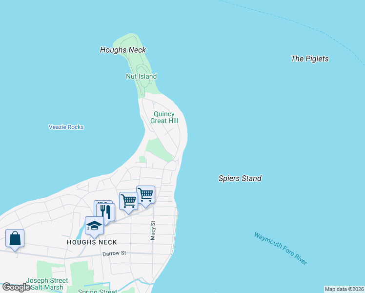 map of restaurants, bars, coffee shops, grocery stores, and more near 23 Sea Avenue in Quincy