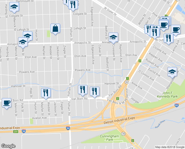 map of restaurants, bars, coffee shops, grocery stores, and more near 5362 Edgewood Street in Dearborn Heights