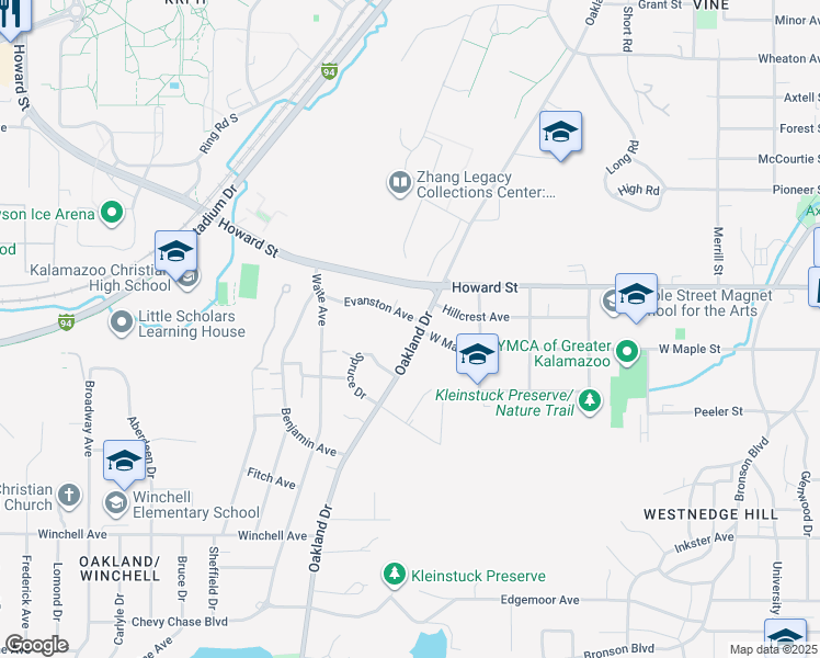 map of restaurants, bars, coffee shops, grocery stores, and more near 1846 Oakland Drive in Kalamazoo