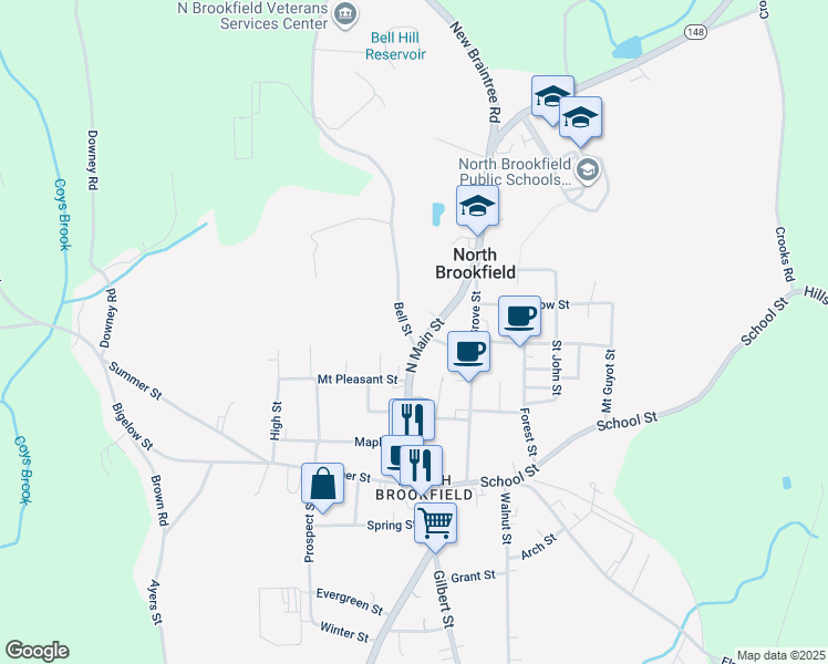 map of restaurants, bars, coffee shops, grocery stores, and more near 285 North Main Street in North Brookfield