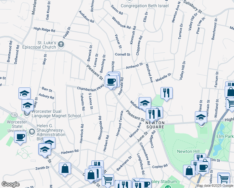 map of restaurants, bars, coffee shops, grocery stores, and more near 799 Pleasant Street in Worcester