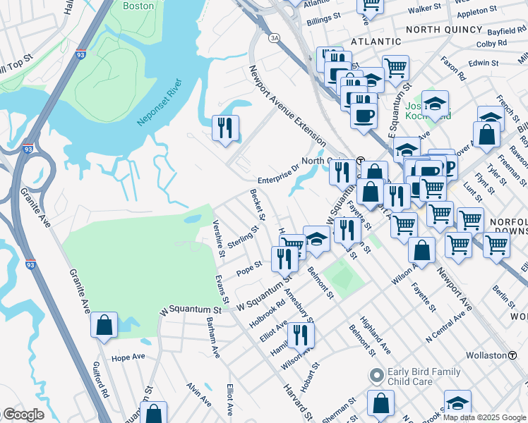 map of restaurants, bars, coffee shops, grocery stores, and more near 34 Becket Street in Quincy
